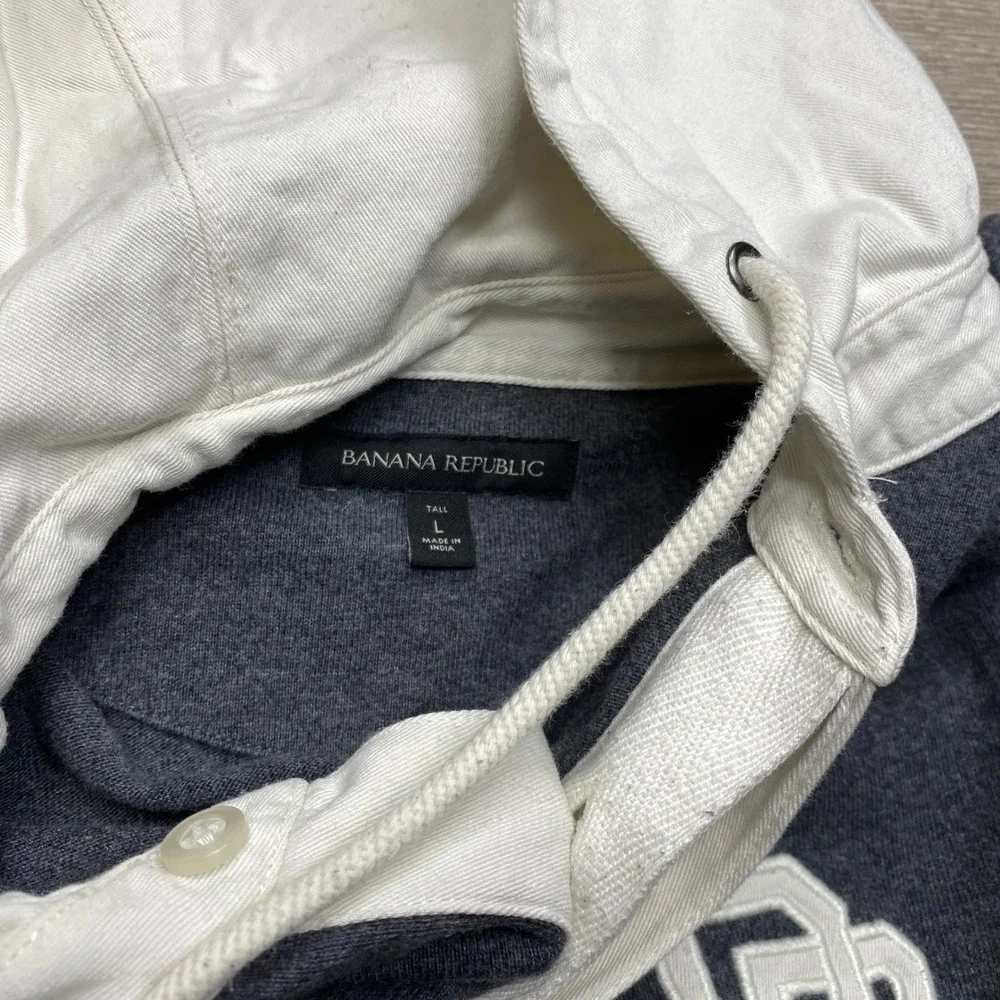 Banana Republic Rugby Hoodie Mens Large Tall Gray White Logo Pullover 441763-01